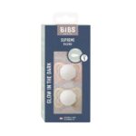 BIBS SUPREME PACIFIER SILICONE SYMMERTICAL SIZE 1 PACK DE 2 GLOW IN THE DARK BLUSH GLOW ET VANILLA GLOW
